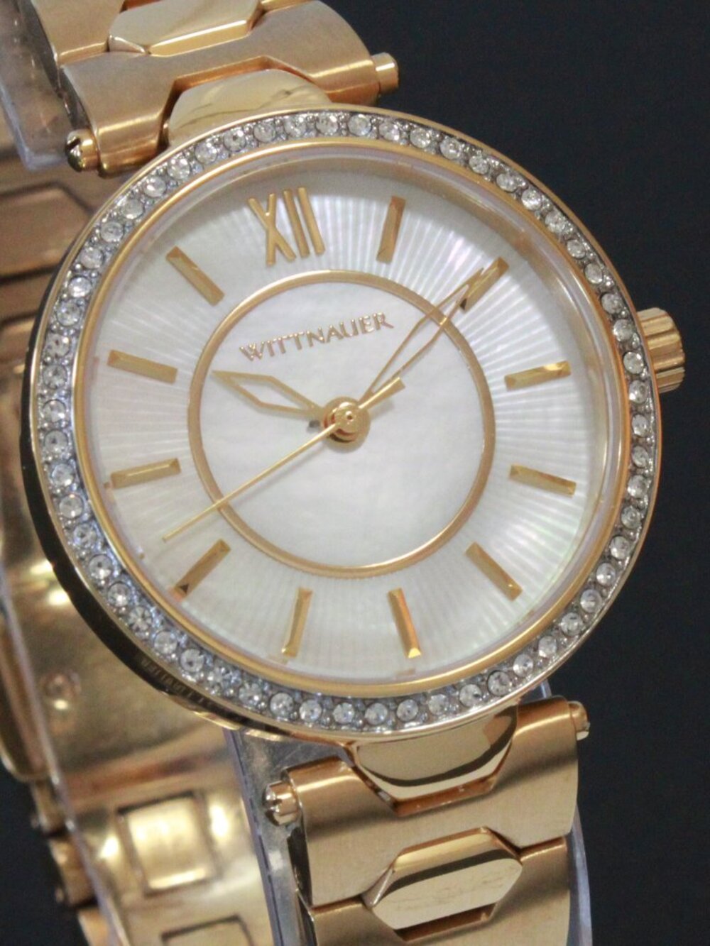 Wittnauer Ladies Dress Watch MOP Dial Crystal Embedded Bezel Gold Tone 30mm - Picture 8 of 12